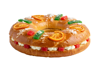 Roscn de Reyes Traditional Spanish Epiphany Cake isolated on transparent baackground