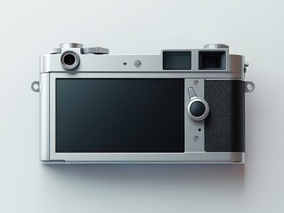 Retro silver camera, top view, modern display, white background