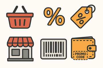 Shopping icons collection: basket, percent, tag, store, barcode, wallet
