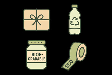 Naklejka premium Sustainable packaging icons: recyclable bottle, eco tape, biodegradable jar, gift box