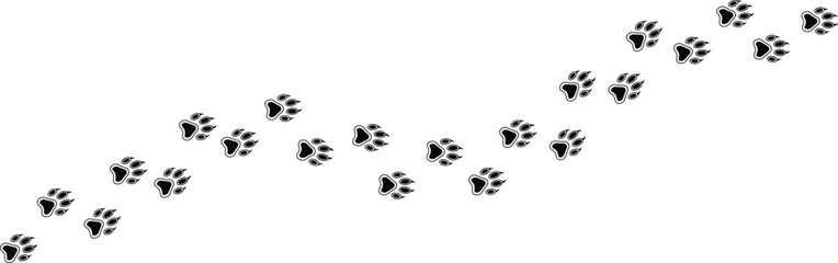 Paw print of dog or cat. Paws foot print trail. Paw vector foot trail print of cat. Dog path pattern animal tracks. Paw print silhouette vector art illustration