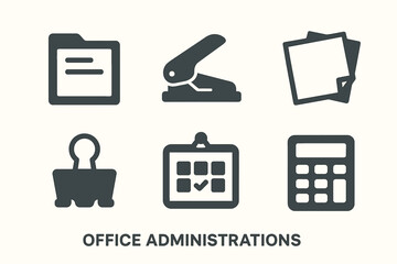 Office administration icons: folder, hole puncher, papers, stamp, calendar, calculator