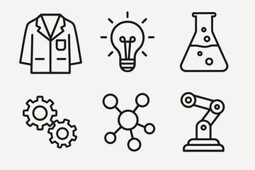 Science and engineering icons: lab coat, light bulb, flask, gears, molecule, robotic arm