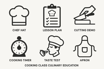 Culinary education icons: chef hat, lesson plan, cutting demo, cooking timer, taste test, apron