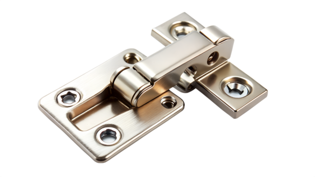 A closeup view of a metallic silver hinge isolated on transparent background