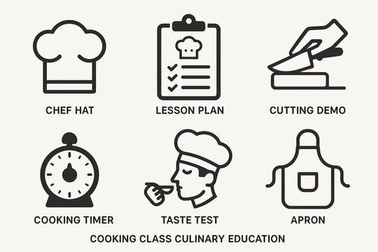 Culinary education icons: chef hat, lesson plan, cutting demo, cooking timer, taste test, apron