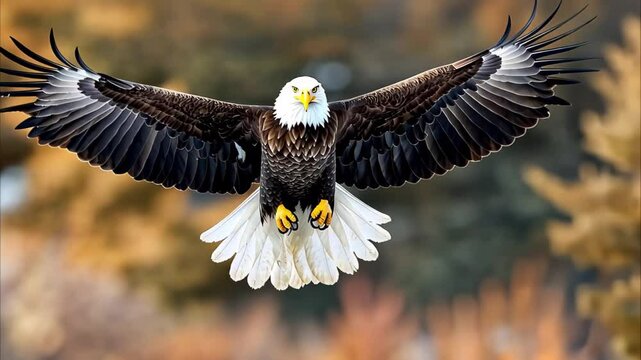 A bald eagle gliding in flight with its wings spread wide, showcasing its distinctive white head and tail against a blurred background.