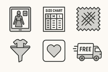 E-commerce icons featuring ai technology, size chart, fabric, clothing filter, favorites, free delivery