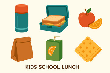 Kids school lunch items: sandwich, juice box, apple, thermos, snack bag, cracker