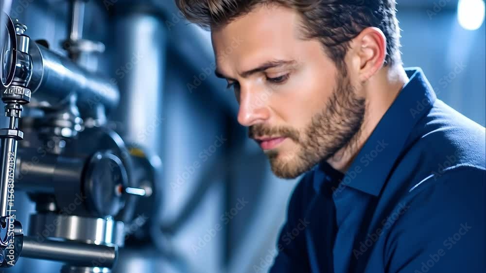 Poster A man with a beard focuses intently while working with machinery in a well-lit industrial setting.