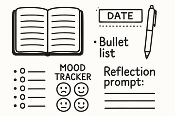Graphic design elements for journaling: bullet lists, mood tracker, reflection prompts