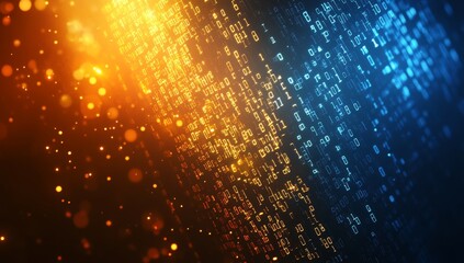 Binary code digital graphic with warm light, abstract background