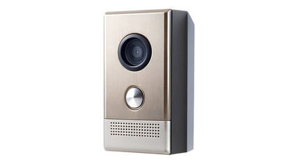 Fototapeta premium A modern brushed metal video doorbell with a camera and button is isolated on transparent background