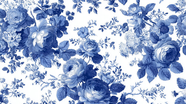 Elegant French blue and white floral toile pattern featuring intricate blooming roses, peonies, and daisies with delicate foliage on crisp white background, embodying timeless cottagecore charm