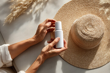 top view close up of hand reaching for sunscreen bottle mockup without logo, without text on beige lounger, elegant minimal summer moment, 