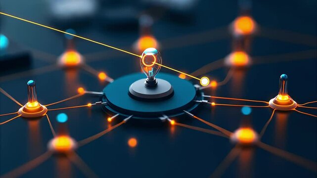 A close-up of a digital network or circuit board with glowing nodes and connections, representing technology or innovation. - Powered by Adobe