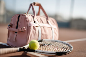 top view close up of stylish tennis bag and racket on clean court, soft sunlight and muted colors, 