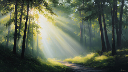Obraz premium Radiant Sunbeams Piercing Through a Dense Forest Canopy onto a Lush Ground