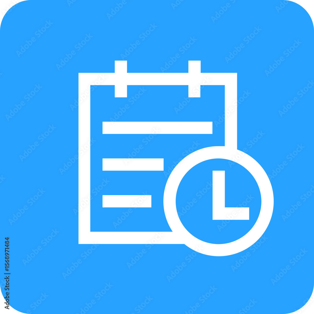 Poster simple black icon of a notepad with lines and a clock on a blue background