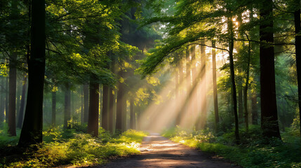 Naklejka premium Sunbeams Illuminate a Winding Forest Path in a Green Woodland