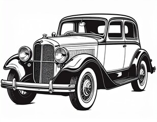 Black and white line art illustration of a classic car.