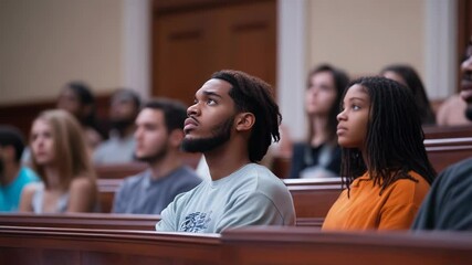 A diverse audience attentively listening in a courtroom setting.