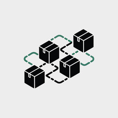 Obraz premium Minimalist Vector Icon Four Black Isometric Cardboard Boxes Connected Teal Dashed Lines Networked Supply Chain Logistics Distribution
