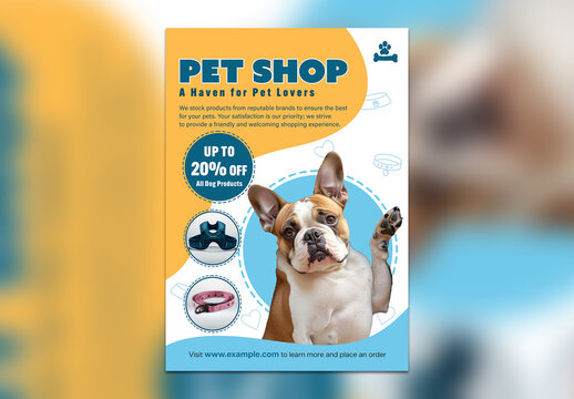 Editable Pet Shop Promotion Flyer Template &ndash; Bright Dog Product Sale Poster with Blue and Yellow Design