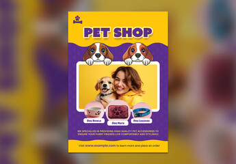 Editable Pet Shop Accessories Flyer Template – Yellow and Purple Theme with Cartoon Dog Graphics for PSD