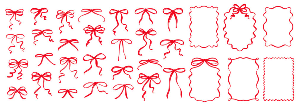 Whimsical coquette style set with red ribbon bows, wavy frames, hand-drawn borders and vintage doodles