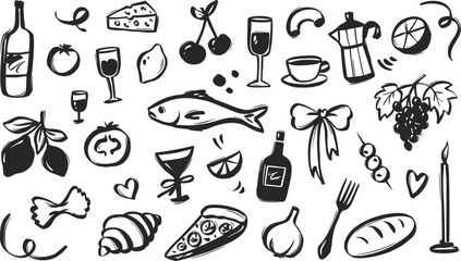Whimsical Italian Food Doodle with Vintage Summer Vibe. Pasta on a Plate, Wine Bottle and Pizza Slices