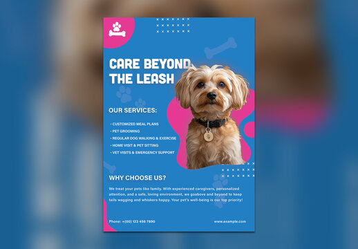Pet Services Flyer Template &ndash; Blue Dog Grooming & Sitting Poster with Customizable Layout
