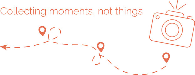 Inspirational pink quote print design "Collecting moments, not things" with minimal travel icons. Perfect for t-shirts, posters, mugs, stickers and digital prints.