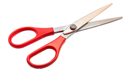 A pair of red handled metal scissors isolated on transparent background