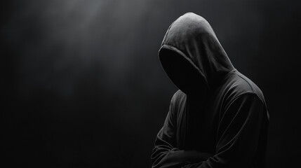 Anonymous hooded figure standing in shadows against a deep black background with subtle mist, dramatic lighting highlighting hoodie folds. Space for text. Generative AI.