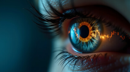 A trader’s eye reflects live charts — symbolizing complete focus, immersion, and emotional intensity in trading.