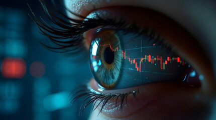 A trader’s eye reflects live charts — symbolizing complete focus, immersion, and emotional intensity in trading.