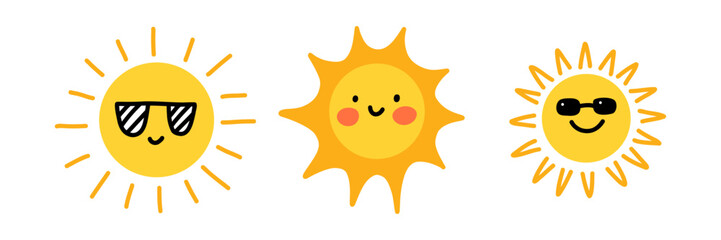 Cute cartoon sun characters set. Three smiling suns with different styles - playful, cheerful, and girly with a bow. Bright and happy summer illustration for kids, stickers, or nursery decor.