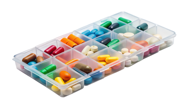 A clear plastic pill organizer filled with assorted colorful capsules and pills, isolated on transparent background