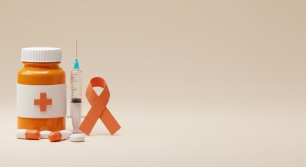 Leukemia Awareness Campaign: Syringe, Pills, and Orange Ribbon for Cancer Support and Research