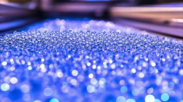 A close-up of sparkling blue beads or gems with a soft focus and blurred lights in the background.