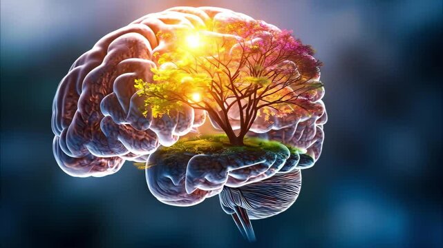A brain with a vibrant tree growing inside it, symbolizing the connection between nature and mental processes.