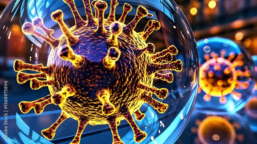 Poster a colorful depiction of a virus particle inside a transparent sphere, set against a blurred backgrou