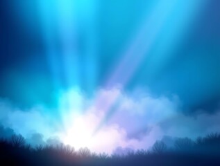 Enigmatic dawn landscape with radiant light streaming through trees