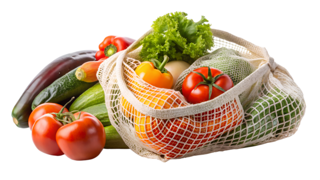 A collection of fresh vegetables, including tomatoes, peppers, and cucumbers, are displayed in a reusable mesh shopping bag