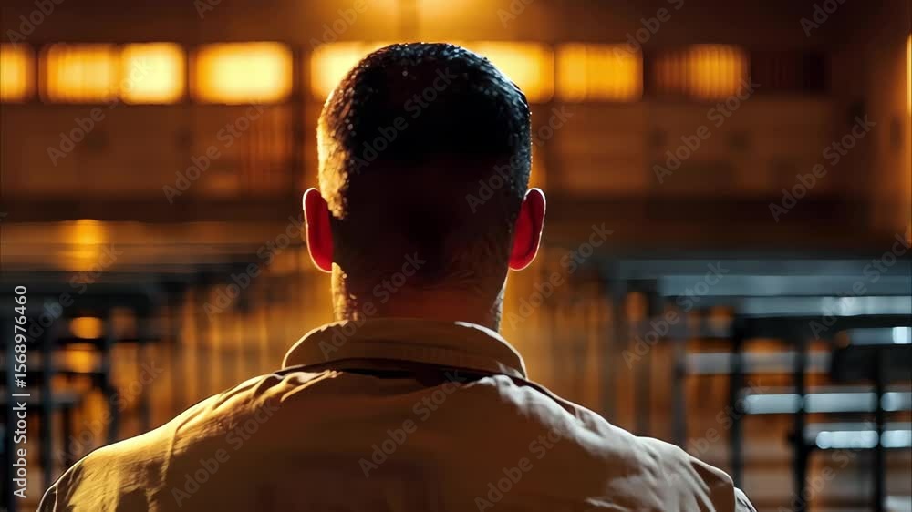 Poster A person sits alone in a dimly lit room facing rows of empty chairs, with warm light filtering through barred windows.