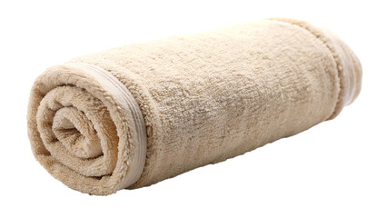 A soft, fluffy beige towel is rolled up and isolated on transparent background