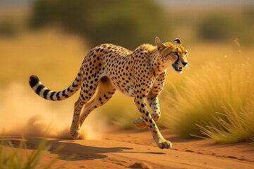 Cheetah Running Through Savannah Grasslands with Dust Trail

