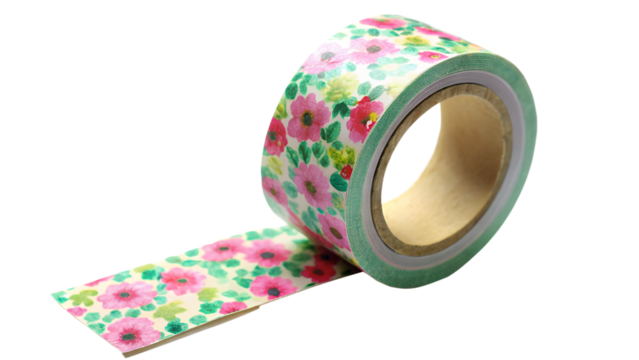 A roll of floral washi tape with pink and green flowers is isolated on transparent background - Powered by Adobe