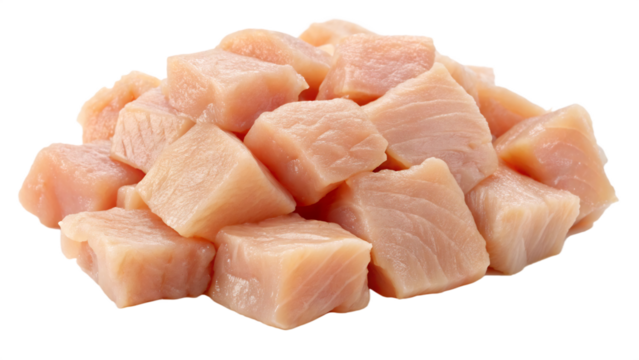 Raw chicken cubes isolated on transparent background